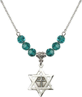 18" Rhodium Plated Necklace with 4mm Zircon Crystal Beads featuring a Sterling Silver Star of David with Cross Medal.