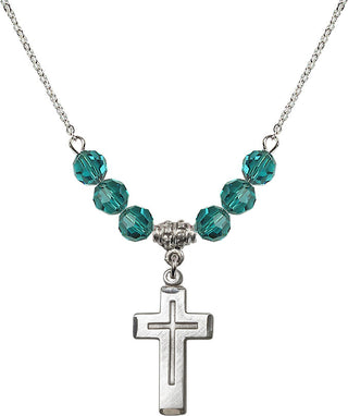 18" Rhodium Plated Necklace with 4mm Zircon Crystal Beads featuring a Sterling Silver Cross Medal.