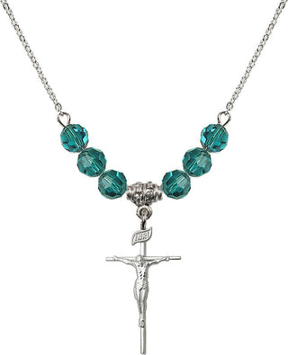 18" Rhodium Plated Necklace with 4mm Zircon Crystal Beads featuring a Sterling Silver Crucifix Medal.