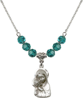 18" Rhodium Plated Necklace with 4mm Zircon Crystal Beads featuring a Sterling Silver Madonna & Child Medal.