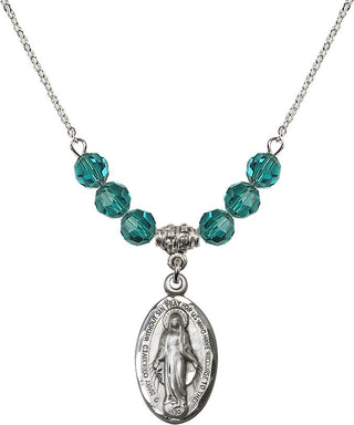 18" Rhodium Plated Necklace with 4mm Zircon Crystal Beads featuring a Sterling Silver Miraculous Medal.
