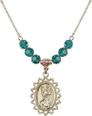 18" Hamilton Gold Plated Necklace with 4mm Zircon Crystal Beads featuring a 14kt Gold Filled Saint Christopher Medal.