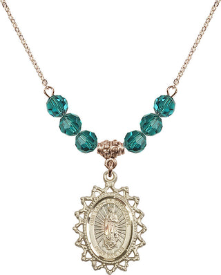 18" Hamilton Gold Plated Necklace with 4mm Zircon Crystal Beads featuring a 14kt Gold Filled Our Lady of Guadalupe Medal.