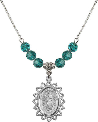 18" Rhodium Plated Necklace with 4mm Zircon Crystal Beads featuring a Sterling Silver Our Lady of Guadalupe Medal.