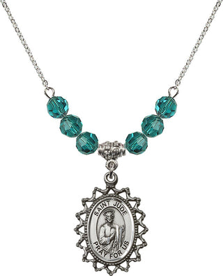 18" Rhodium Plated Necklace with 4mm Zircon Crystal Beads featuring a Sterling Silver Saint Jude Medal.