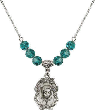 18" Rhodium Plated Necklace with 4mm Zircon Crystal Beads featuring a Sterling Silver Madonna Medal.