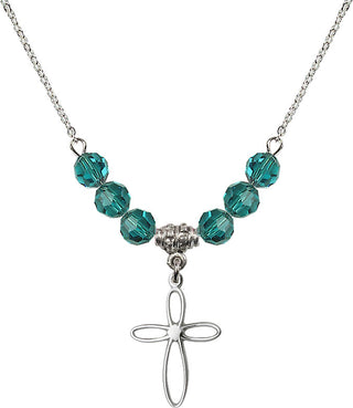18" Rhodium Plated Necklace with 4mm Zircon Crystal Beads featuring a Sterling Silver Loop Cross Medal.
