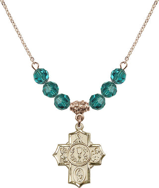 18" Hamilton Gold Plated Necklace with 4mm Zircon Crystal Beads featuring a 14kt Gold Filled Communion/5-Way Medal.
