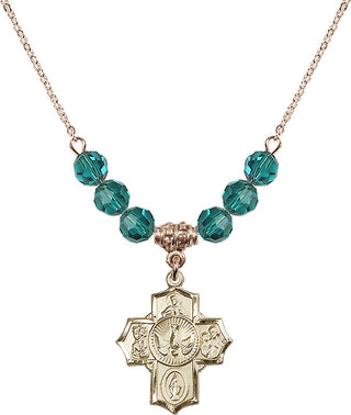 18" Hamilton Gold Plated Necklace with 4mm Zircon Crystal Beads featuring a 14kt Gold Filled 5-Way Medal.