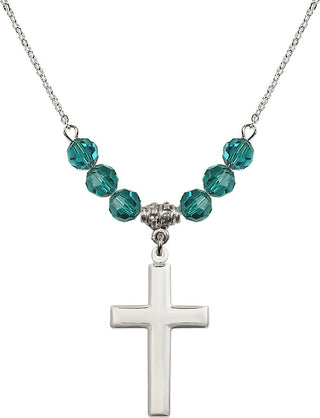 18" Rhodium Plated Necklace with 4mm Zircon Crystal Beads featuring a Sterling Silver Cross Medal.