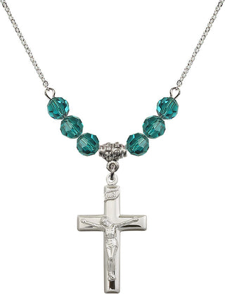 18" Rhodium Plated Necklace with 4mm Zircon Crystal Beads featuring a Sterling Silver Crucifix Medal.