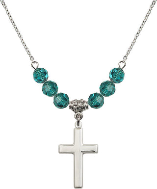 18" Rhodium Plated Necklace with 4mm Zircon Crystal Beads featuring a Sterling Silver Cross Medal.