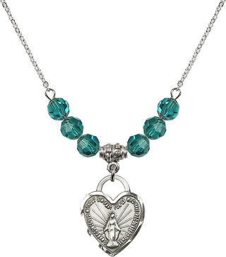 18" Rhodium Plated Necklace with 4mm Zircon Crystal Beads featuring a Sterling Silver Miraculous Heart Medal. Engraved Catholic Saint Jewelry