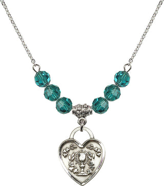 18" Rhodium Plated Necklace with 4mm Zircon Crystal Beads featuring a Sterling Silver Communion Heart Medal. Engraved Catholic Saint Jewelry