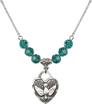 18" Rhodium Plated Necklace with 4mm Zircon Crystal Beads featuring a Sterling Silver Confirmation Heart Medal. Engraved Catholic Saint Jewelry