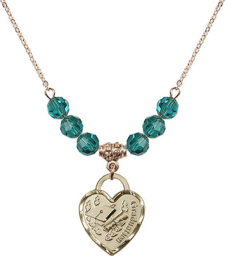 18" Hamilton Gold Plated Necklace with 4mm Zircon Crystal Beads featuring a 14kt Gold Filled Graduation Heart Medal. Engraved Catholic Saint Jewelry