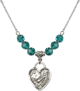 18" Rhodium Plated Necklace with 4mm Zircon Crystal Beads featuring a Sterling Silver Graduation Heart Medal. Engraved Catholic Saint Jewelry