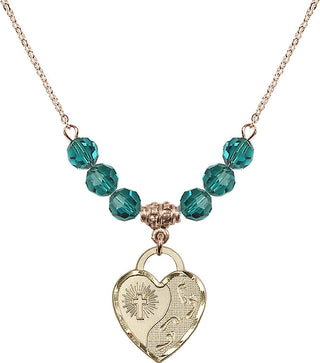 18" Hamilton Gold Plated Necklace with 4mm Zircon Crystal Beads featuring a 14kt Gold Filled Footprints Heart Medal. Engraved Catholic Saint Jewelry