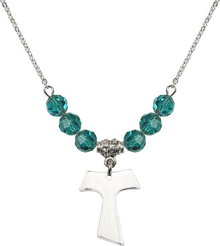 18" Rhodium Plated Necklace with 4mm Zircon Crystal Beads featuring a Sterling Silver Tau Cross Medal.