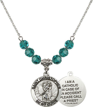 18" Rhodium Plated Necklace with 4mm Zircon Crystal Beads featuring a Sterling Silver Saint Christopher Medal.