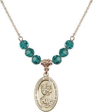 18" Hamilton Gold Plated Necklace with 4mm Zircon Crystal Beads featuring a 14kt Gold Filled Saint Christopher Medal. Engraved Catholic Saint Jewelry
