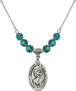 18" Rhodium Plated Necklace with 4mm Zircon Crystal Beads featuring a Sterling Silver Saint Christopher Medal. Engraved Catholic Saint Jewelry