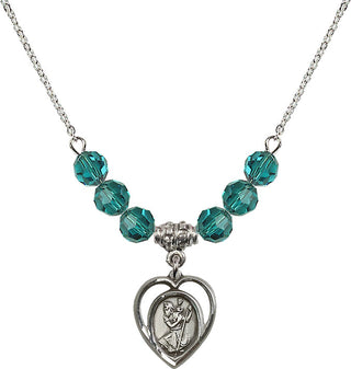 18" Rhodium Plated Necklace with 4mm Zircon Crystal Beads featuring a Sterling Silver Saint Christopher Medal.