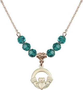 18" Hamilton Gold Plated Necklace with 4mm Zircon Crystal Beads featuring a 14kt Gold Filled Claddagh Medal.