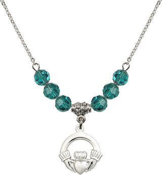 18" Rhodium Plated Necklace with 4mm Zircon Crystal Beads featuring a Sterling Silver Claddagh Medal.
