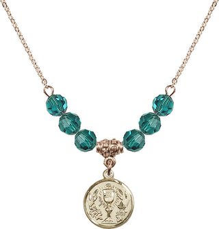 18" Hamilton Gold Plated Necklace with 4mm Zircon Crystal Beads featuring a 14kt Gold Filled Communion Chalice Medal.