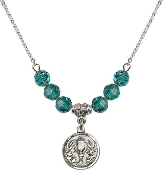 18" Rhodium Plated Necklace with 4mm Zircon Crystal Beads featuring a Sterling Silver Communion Chalice Medal.