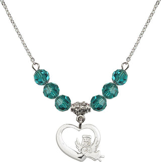 18" Rhodium Plated Necklace with 4mm Zircon Crystal Beads featuring a Sterling Silver Heart / Guardian Angel Medal.