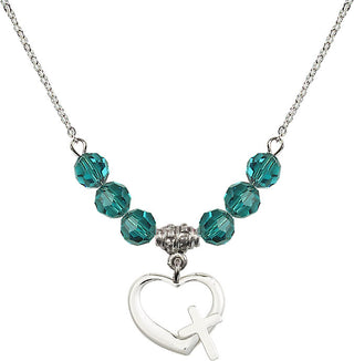 18" Rhodium Plated Necklace with 4mm Zircon Crystal Beads featuring a Sterling Silver Heart / Cross Medal.