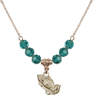 18" Hamilton Gold Plated Necklace with 4mm Zircon Crystal Beads featuring a 14kt Gold Filled Praying Hands Medal.