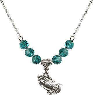 18" Rhodium Plated Necklace with 4mm Zircon Crystal Beads featuring a Sterling Silver Praying Hands Medal.