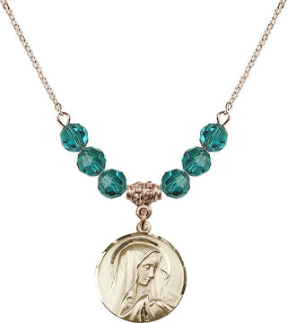 18" Hamilton Gold Plated Necklace with 4mm Zircon Crystal Beads featuring a 14kt Gold Filled Sorrowful Mother Medal.