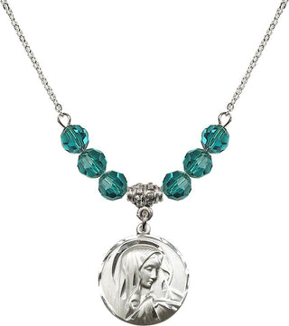 18" Rhodium Plated Necklace with 4mm Zircon Crystal Beads featuring a Sterling Silver Sorrowful Mother Medal.