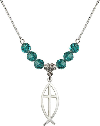 18" Rhodium Plated Necklace with 4mm Zircon Crystal Beads featuring a Sterling Silver Fish / Cross Medal.