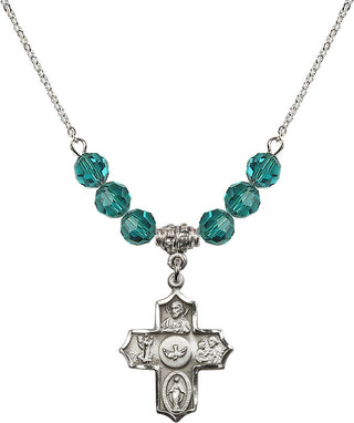18" Rhodium Plated Necklace with 4mm Zircon Crystal Beads featuring a Sterling Silver 5-Way Medal.
