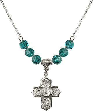 18" Rhodium Plated Necklace with 4mm Zircon Crystal Beads featuring a Sterling Silver 4-Way Medal.