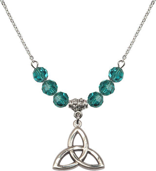 18" Rhodium Plated Necklace with 4mm Zircon Crystal Beads featuring a Sterling Silver Trinity Irish Knot Medal.