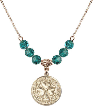 18" Hamilton Gold Plated Necklace with 4mm Zircon Crystal Beads featuring a 14kt Gold Filled Shamrock with Celtic Border Medal.
