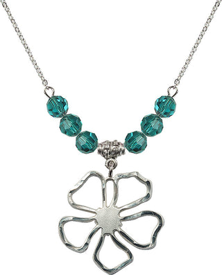 18" Rhodium Plated Necklace with 4mm Zircon Crystal Beads featuring a Sterling Silver Five Pedal Flower Medal.