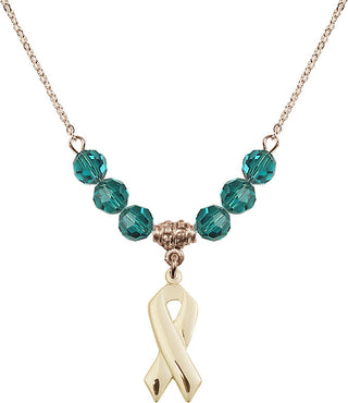 18" Hamilton Gold Plated Necklace with 4mm Zircon Crystal Beads featuring a 14kt Gold Filled Cancer Awareness Medal.