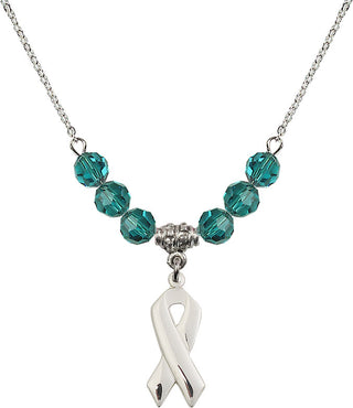 18" Rhodium Plated Necklace with 4mm Zircon Crystal Beads featuring a Sterling Silver Cancer Awareness Medal.