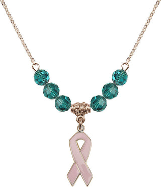 18" Hamilton Gold Plated Necklace with 4mm Zircon Crystal Beads featuring a 14kt Gold Filled Cancer Awareness Medal.