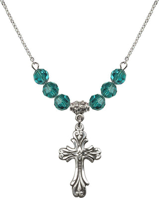 18" Rhodium Plated Necklace with 4mm Zircon Crystal Beads featuring a Sterling Silver Cross Medal.