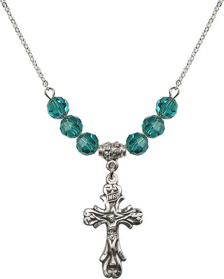 18" Rhodium Plated Necklace with 4mm Zircon Crystal Beads featuring a Sterling Silver Crucifix Medal.