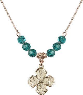 18" Hamilton Gold Plated Necklace with 4mm Zircon Crystal Beads featuring a 14kt Gold Filled 4-Way Medal.