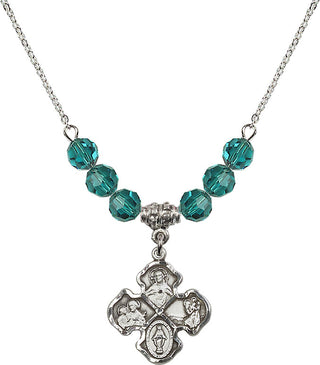 18" Rhodium Plated Necklace with 4mm Zircon Crystal Beads featuring a Sterling Silver 4-Way Medal.